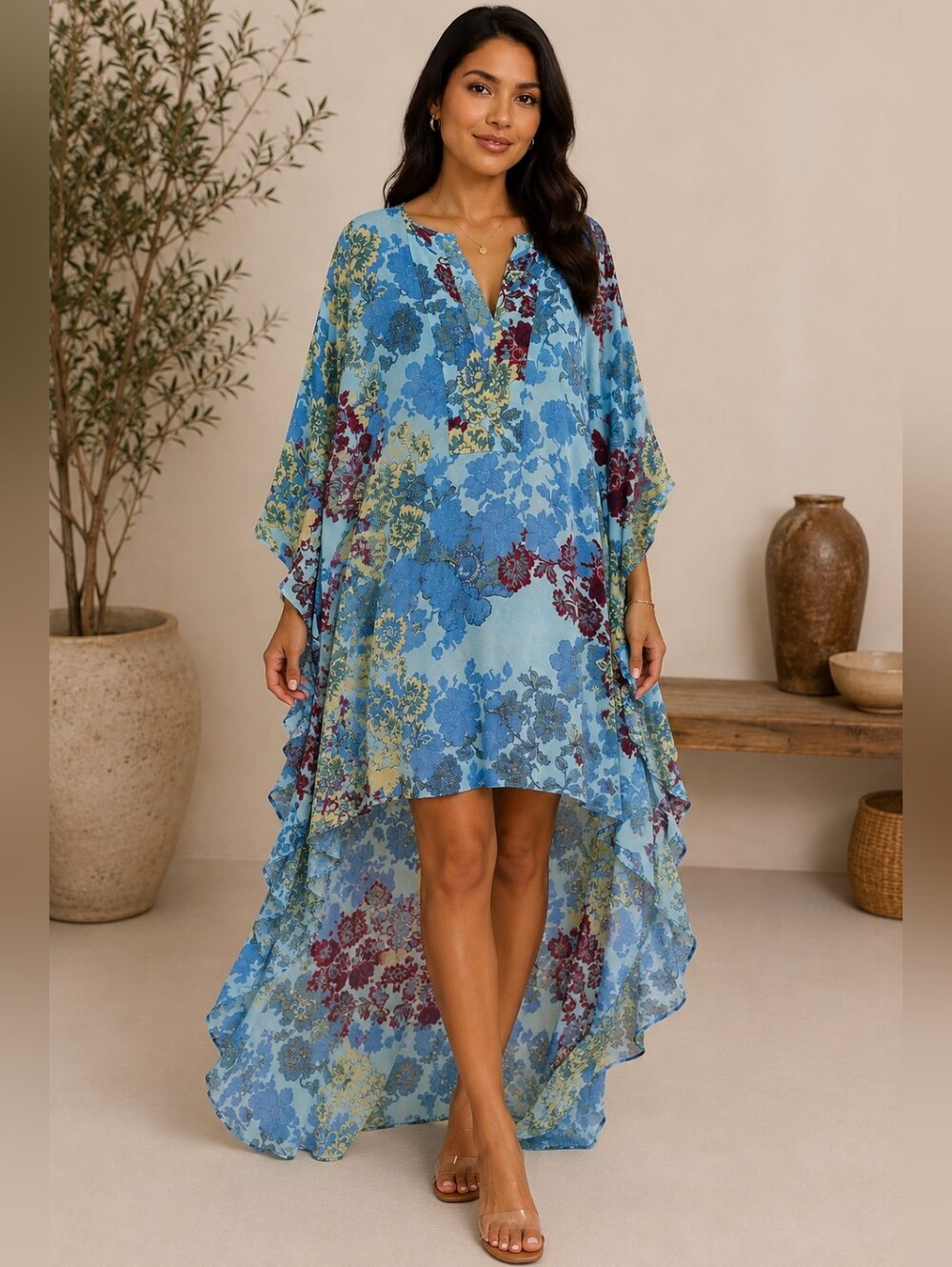 BCBGMaxAzria Dress Size XS/S Women's Blue Floral High-Low Kaftan Dress